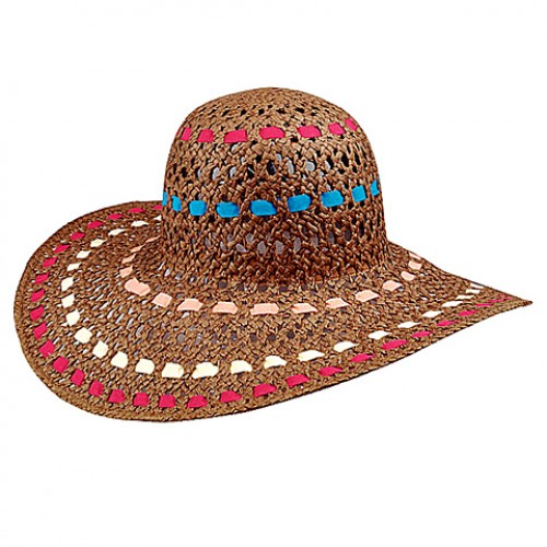 Wide Brim Toyo Straw Accent w/ Colorful Ribbons - Brown -= HT-8213BN Wide Brim Toyo Straw Accent w/ Colorful Ribbons - Brown -= HT-8213BN